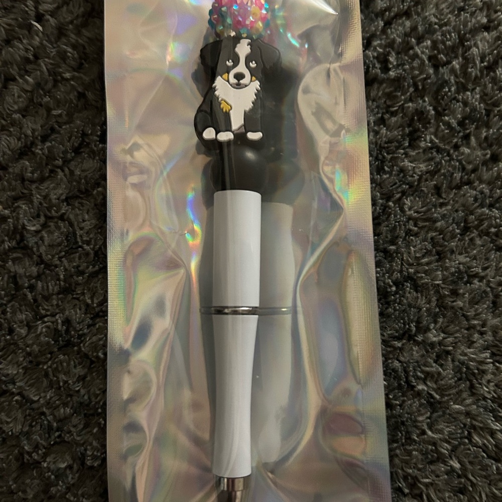 Handcrafted Cute Black and White Dog Ballpoint Pen with jeweled beaded top
